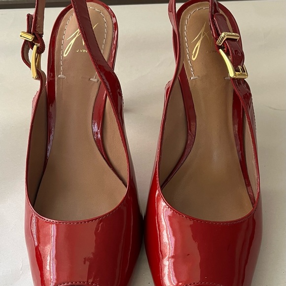 J Vincent Patent Leather Open Toe Slingback Cherry Red High Heel Sandals - Picture 3 of 14